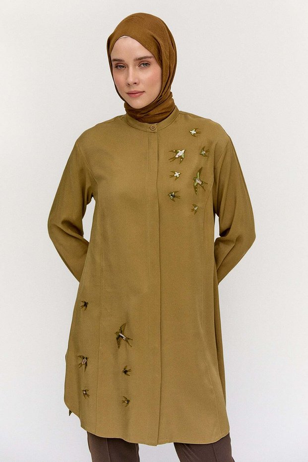 Kuş Motif İşlemeli Floş Tunik