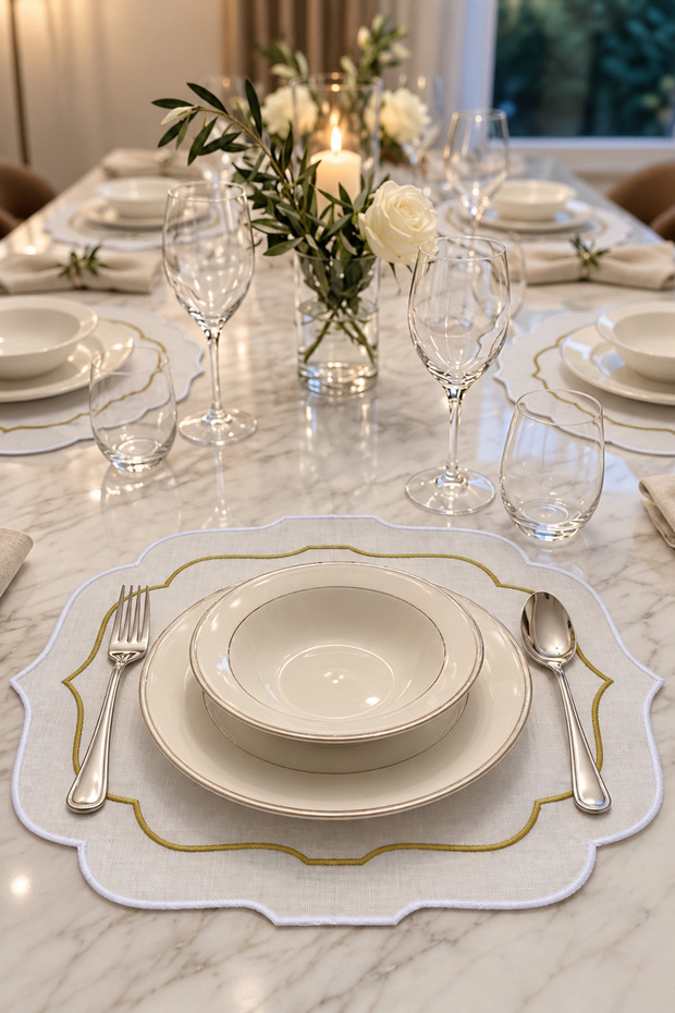 6 Pieces Ecru and Gold Double Embroidered American Service Set