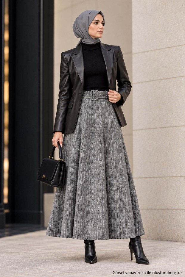 Herringbone Patterned Belted Skirt Gray Hm2971
