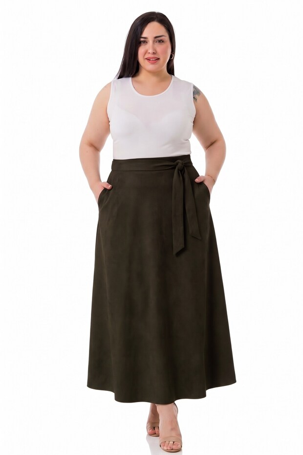 Plus Size Suede Long Khaki Skirt with Elastic Waist at the Back, Zipper and Belted Pockets