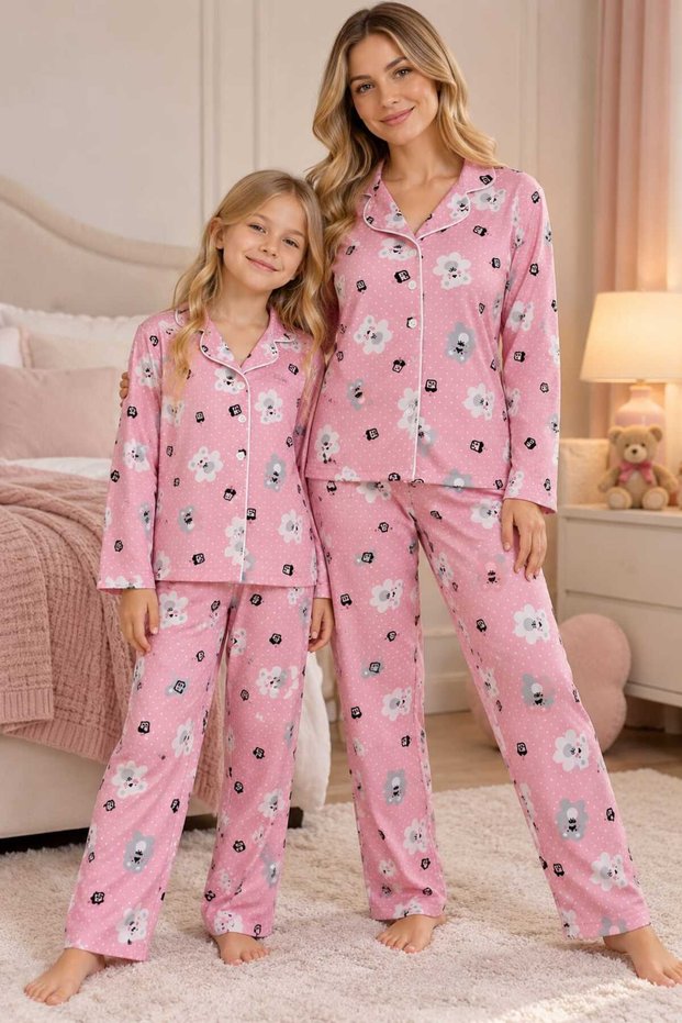 Mother and Daughter Matching Cotton Long-Sleeved Button-Down Pajamas Set (Sold Separately)