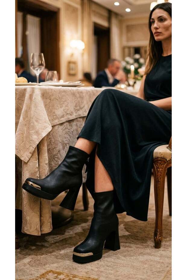 26K414-2 Black Women's Winter Leather Heeled Boots