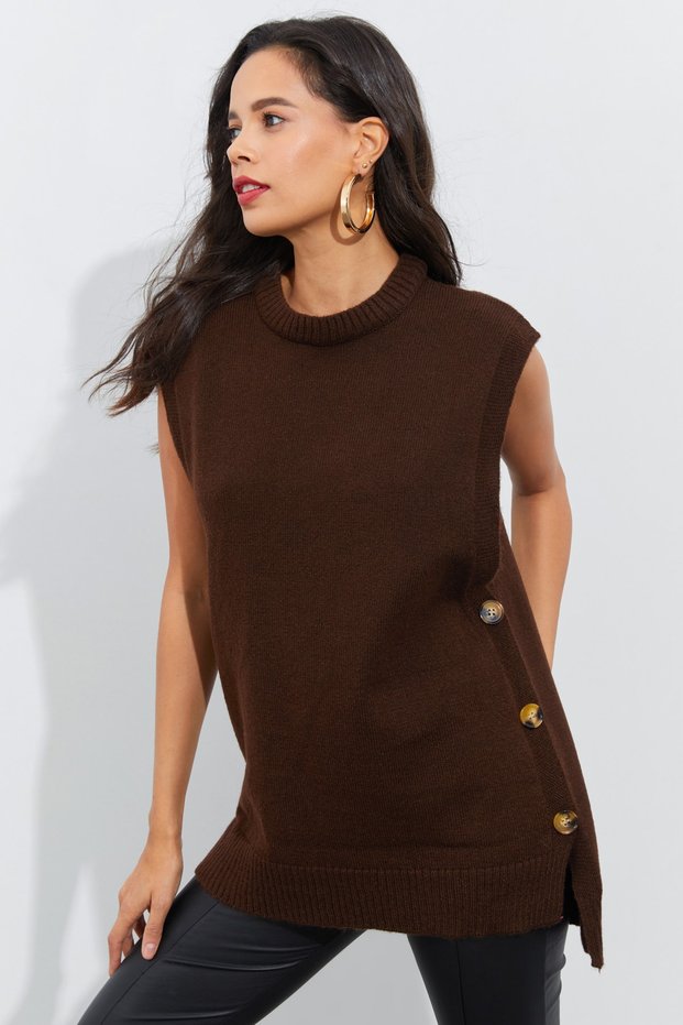 Women's Brown Side Buttoned Sleeveless Knitwear Tunic Yvz75