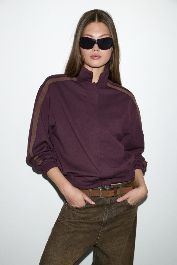 Pascua Women's Burgundy Sweatshirt with Striped Sleeves, Zipper and Snap Closure