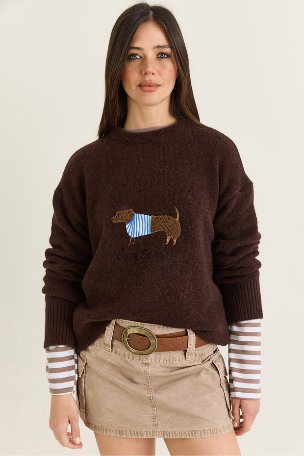 Women's Bitter Brown Dachshund Embroidered Crew Neck Relaxed Knitwear Sweater 7208 60286641
