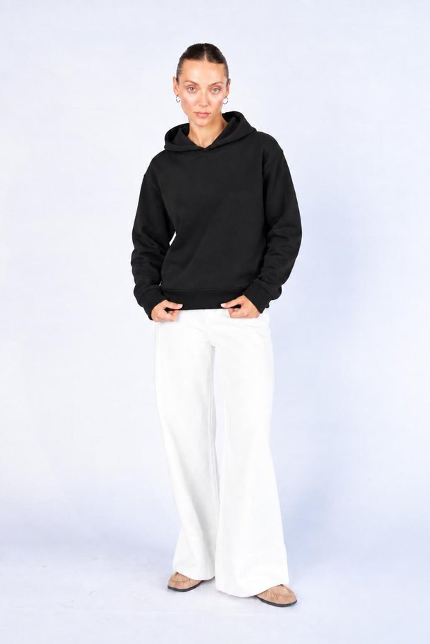 Women's Black Hooded Three-Thread Sweatshirt with Pleated Back