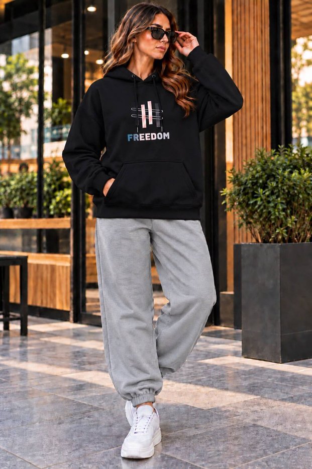 Hooded Sweatshirt 2-Piece Set with Ribbed Bottom and Top, Unisex Freedom Printed