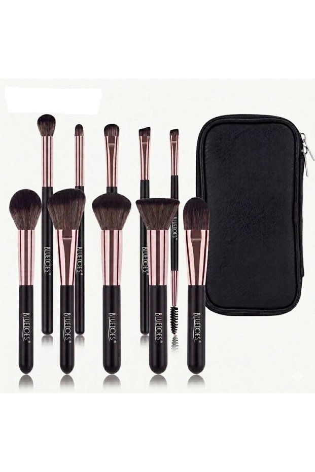 10 Pcs Makeup Brush Set with Zippered Travel Case, Professional Matte Black & Rose Gold Synthetic Bristles Cosmetic Brushes Kit, Soft Face Foundation Powder Blush Eyeshadow Blending Brush Set