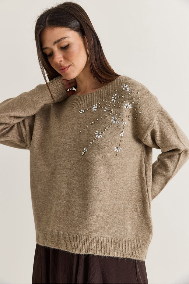 Women's Mink Crystal Stone Embroidered Boat Neck Knitwear Sweater Tk251189 60283912