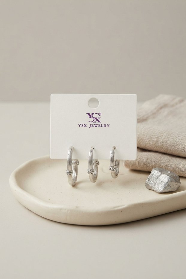 Brass Silver Color Square Model 3-Piece Earring Set