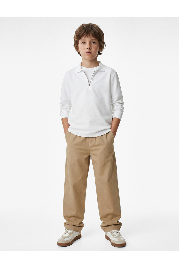 Zippered Long Sleeve Polo Collar Cotton T-Shirt