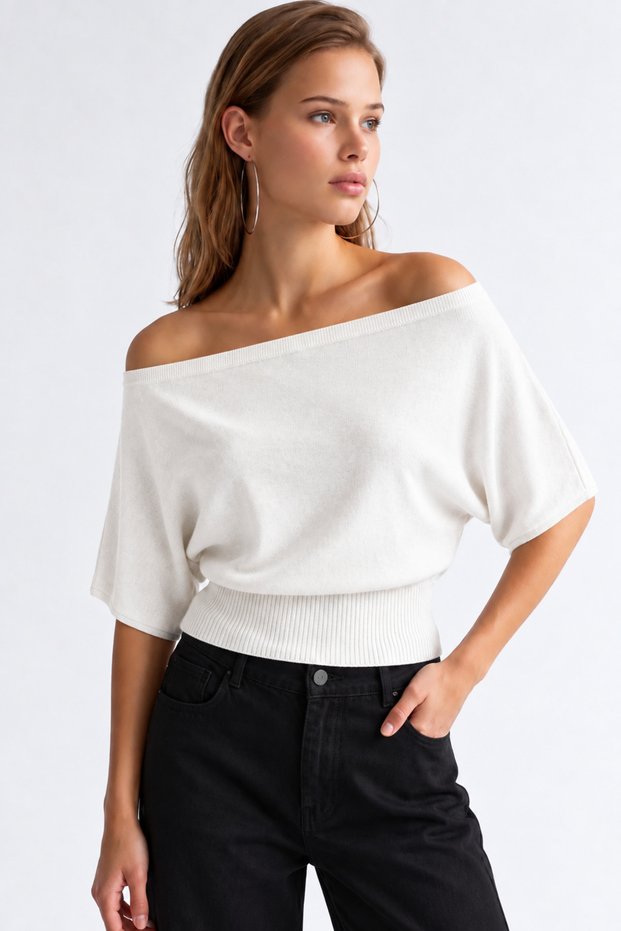 7062 Women's Waist-Slit Boat Neck Half Sleeve Knit Sweater Ecru