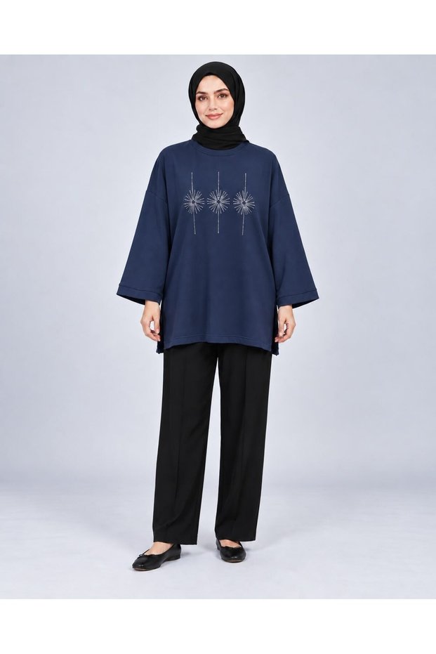 Women's Navy Blue Stone Embroidered Slit Oversize Oysho Tunic