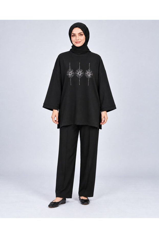 Women's Black Stone Embroidered Slit Oversize Oysho Tunic