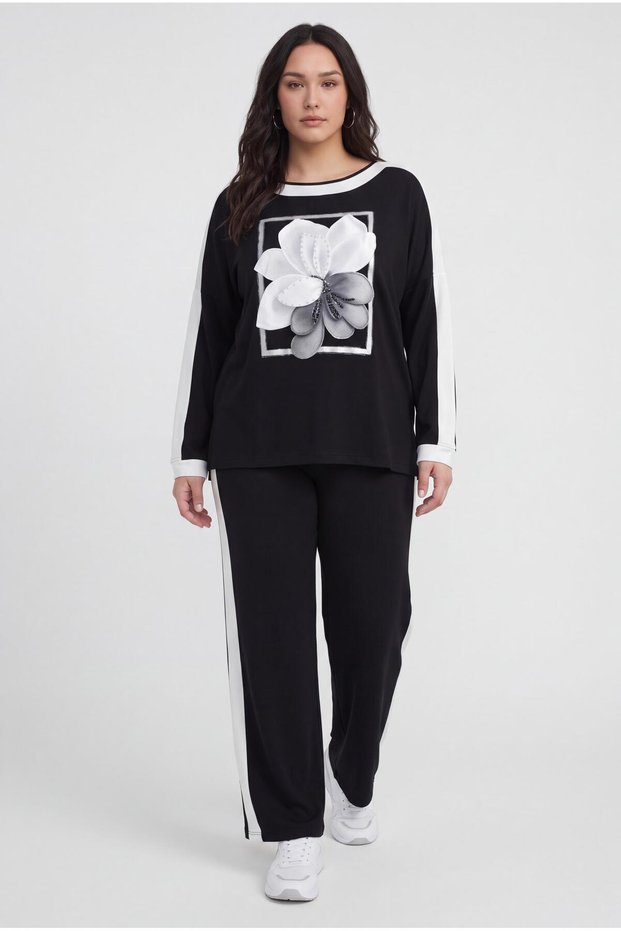 Women's Plus Size Floral Figured Beaded Detailed Striped Black Tracksuit Set