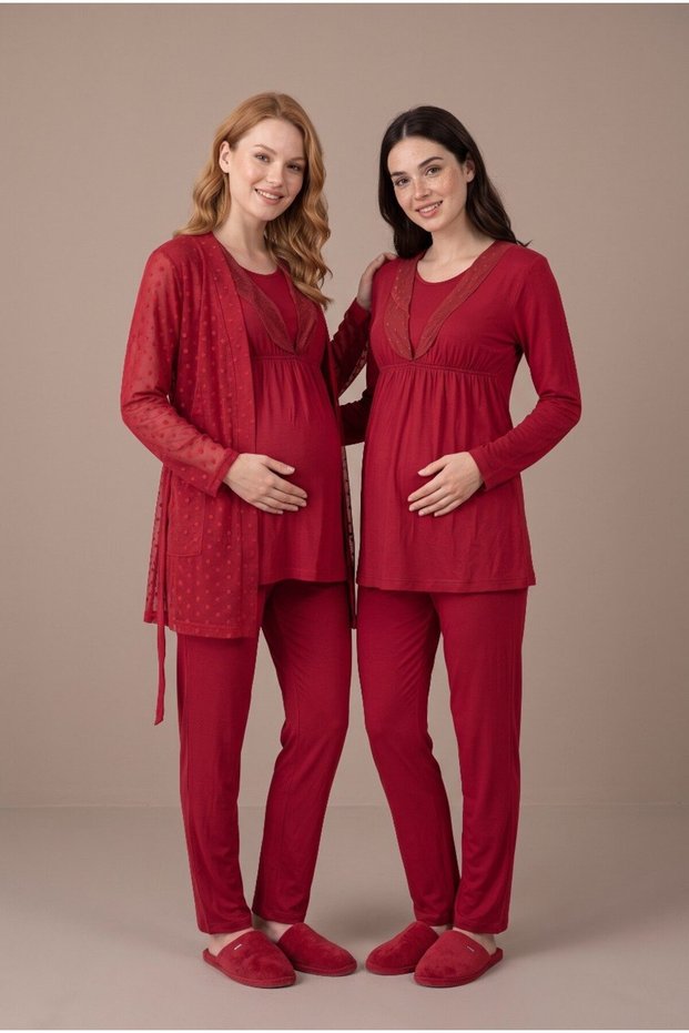 Women's Red Lace Long Sleeve Maternity Pajama Set with Nursing Detail and Robe