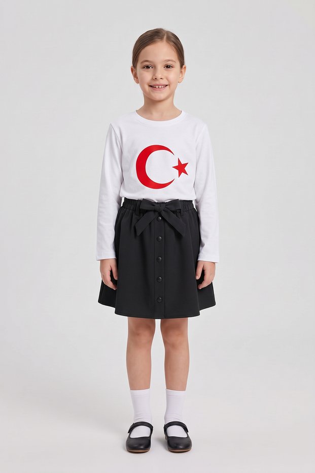 Girls' White Long Sleeve Flag T-Shirt Black Bow Beaded Skirt April 23 October 29 Show Outfit
