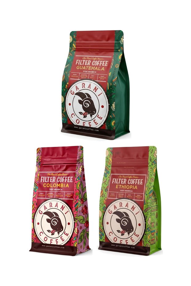 Guatemala, Colombia and Ethiopia Filter Coffee Set 3X250 g Total 750 g Ground Coffee Medium Roast