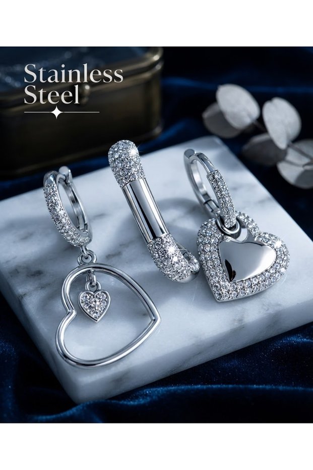 Brass Silver Color Dangling Zircon Stone Heart Model 3-Piece Earrings