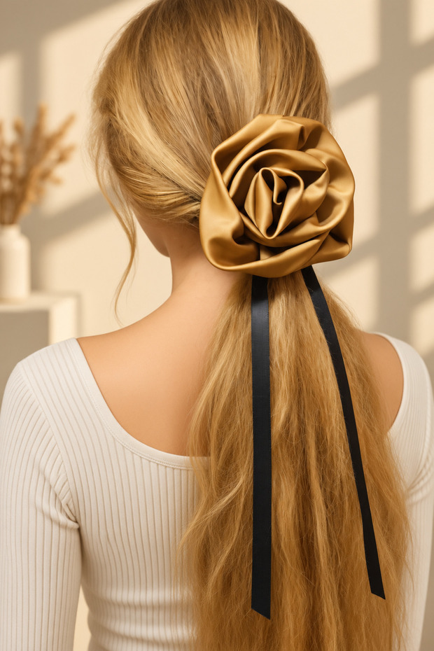 13 cm Season's Trend Large Satin Rose Hair Clip – Stylish Hair Accessory with Long Ribbon