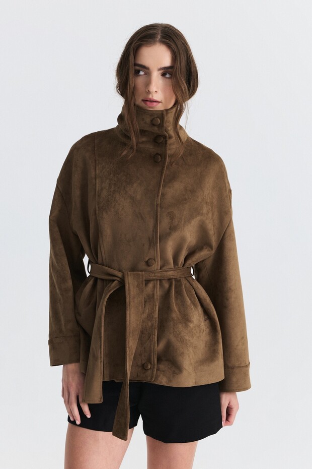 Belted Faux Suede Jacket