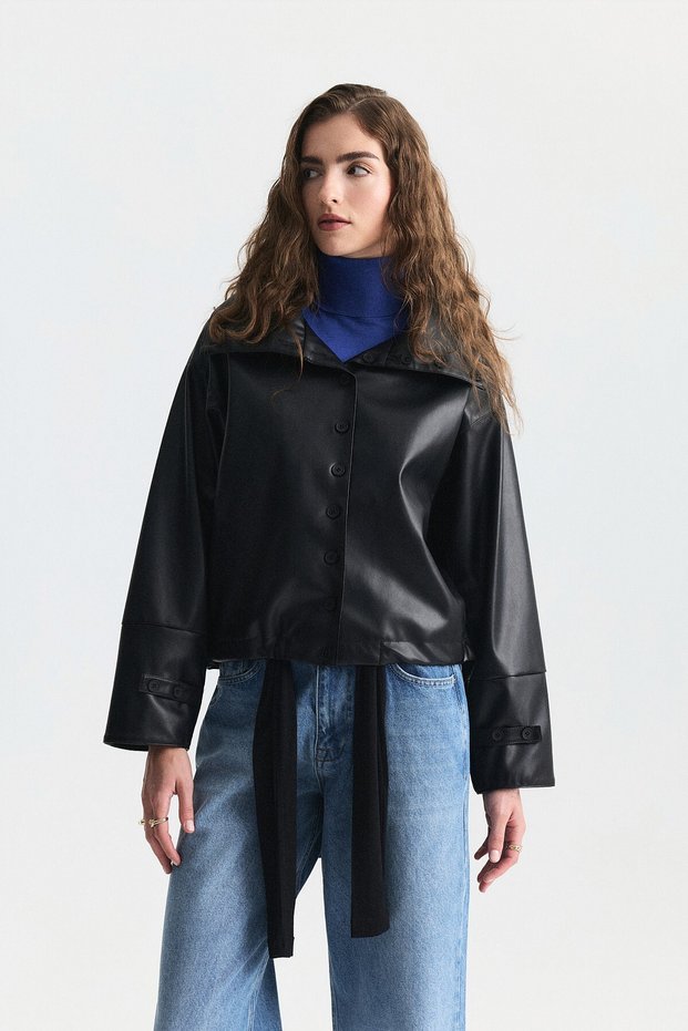 Wide Collar Faux Leather Jacket
