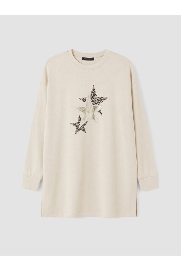 Beige Printed Oversize Women's Sweatshirt Tunic