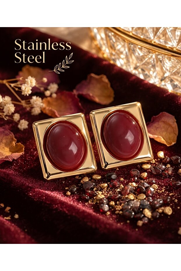Burgundy Square Vintage Style Gold Color Earrings