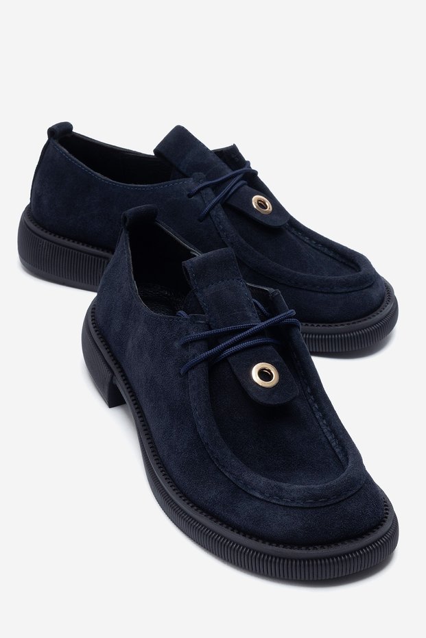 Band Navy Blue Suede Genuine Leather Lace-Up Women's Loafer Shoes
