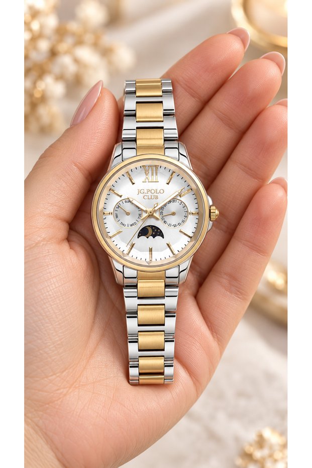 34 mm Case, Yellow Silver, Functions Active, Full Steel (Case-Strap) 5 Atm Pool and Sea Use, Moon Phase Indicator, Women's Wristwatch+Bracelet