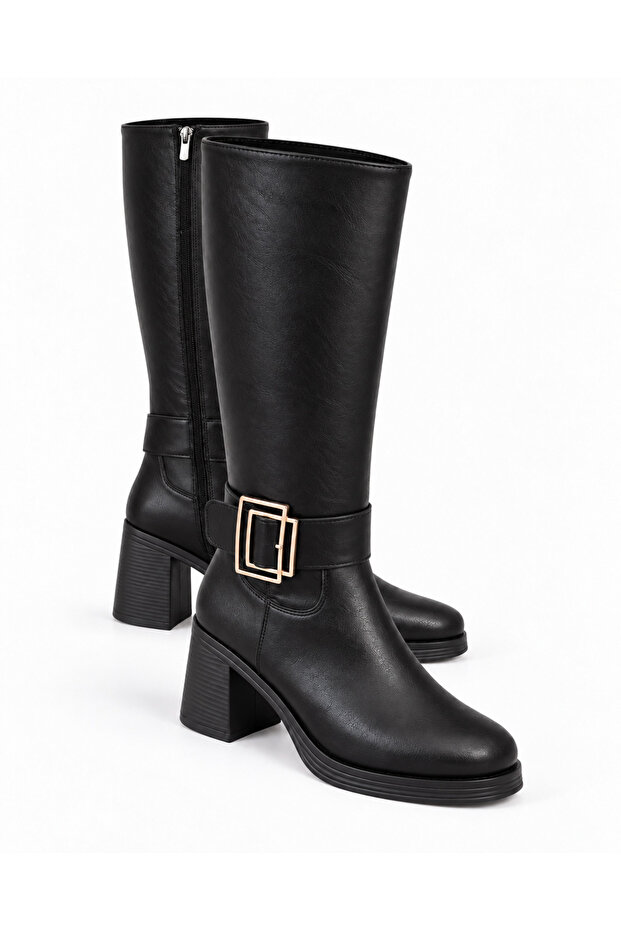 Double Square Buckle Women's Boots Black Leather