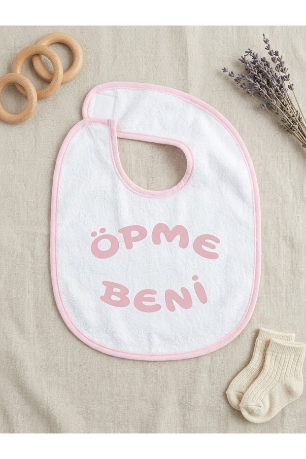 Pink Towel Baby Bib - with "Don'T Kiss Me" Written Outlet/Storage Outlet - Slightly Stained)