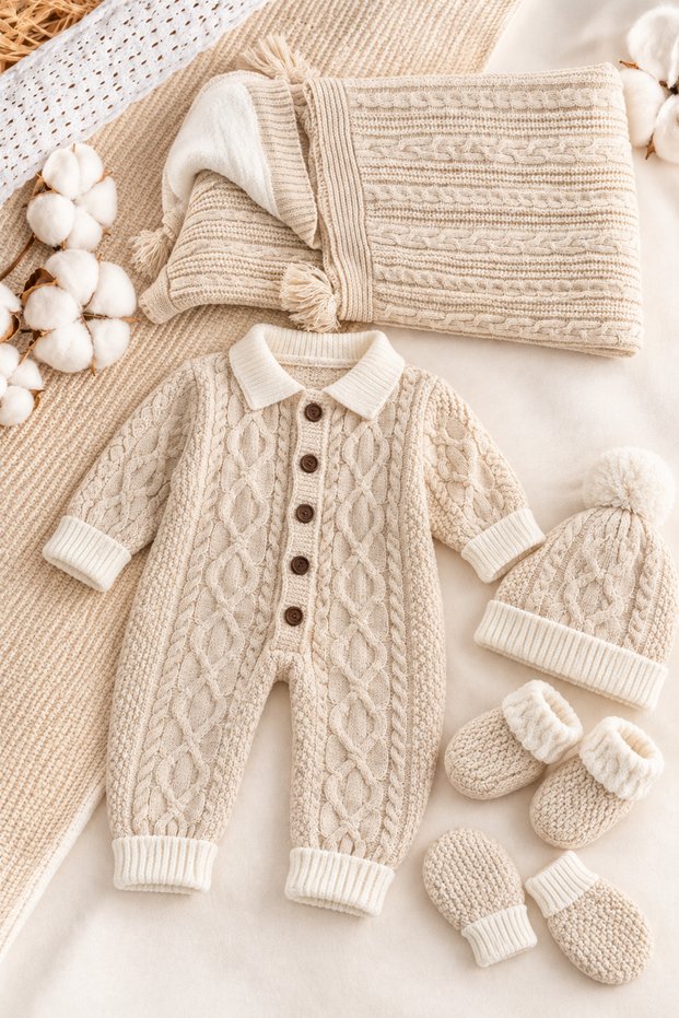 Girl Boy Unisex 5-Piece Luxury Knitwear Newborn Baby Hospital Discharge Set with Plush Lining and Blanket in Boxed Gift