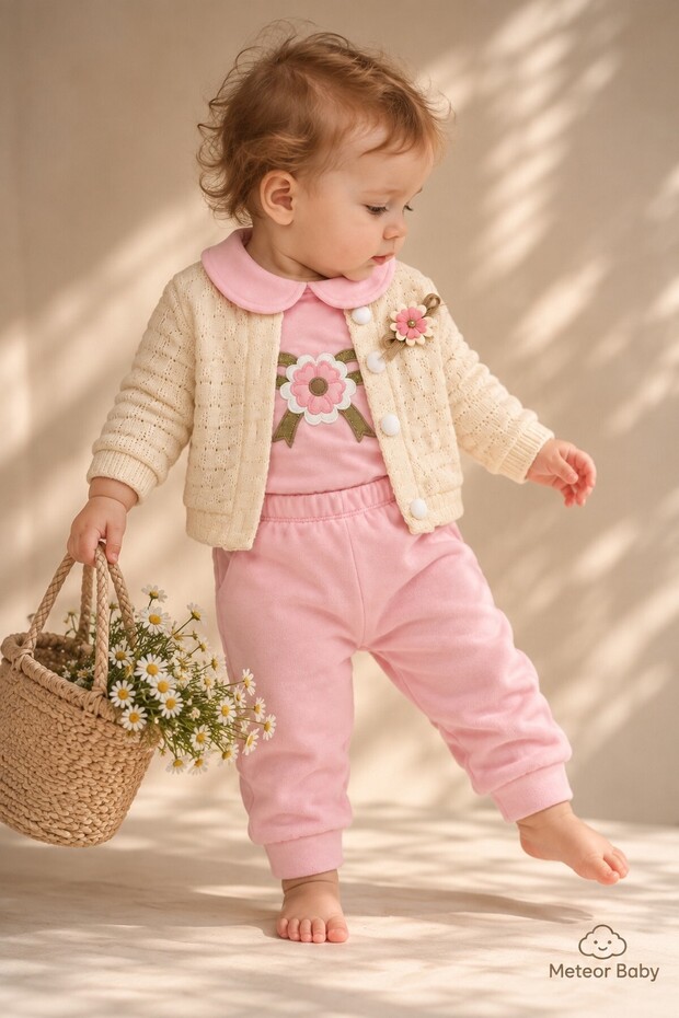 Baby Girl Set Floral Patterned Knitwear Cardigan Body Pants 3-Piece Set Premium Set 3 6 9 12 Months