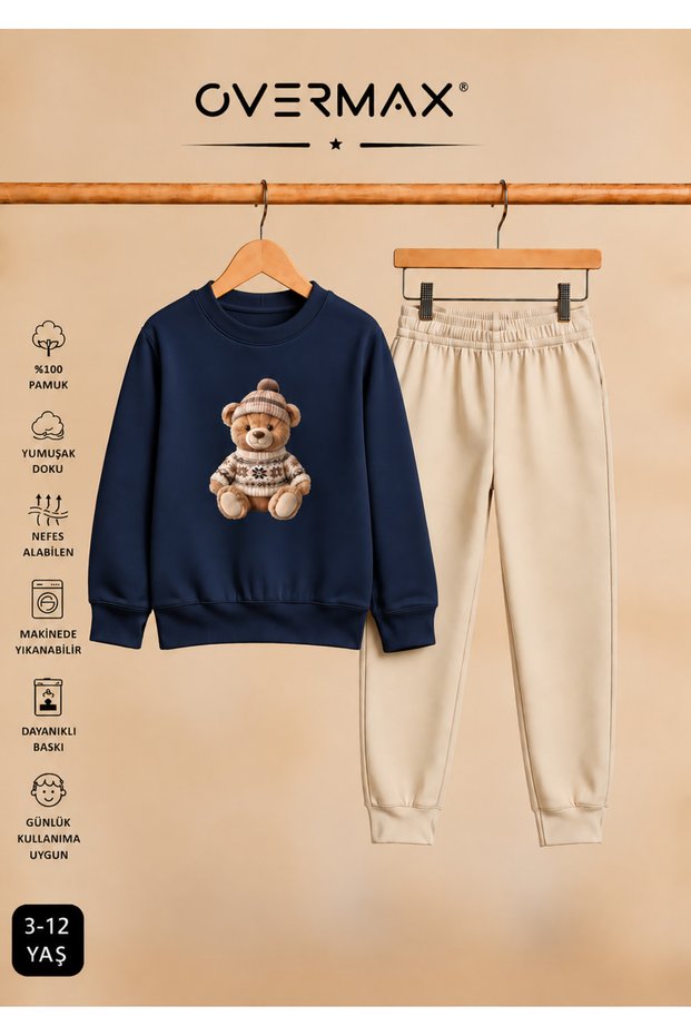 Teddy Bear Printed Children's Hoodless Sweatshirt Tracksuit Set 3-12 Years