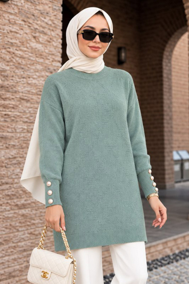 Button Detailed Mint Hijab Knitwear Tunic 10941Mint