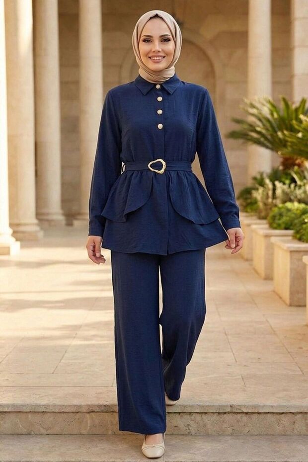 Belt Detailed Navy Blue Strawberry Fabric Hijab Suit 30390L