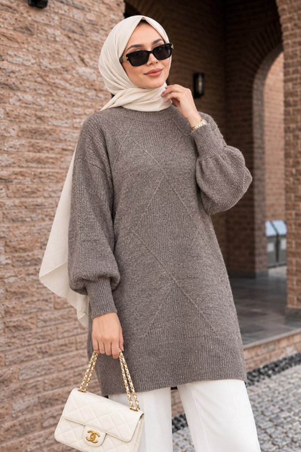 Baklava Patterned Mink Hijab Knitwear Sweater 60091V