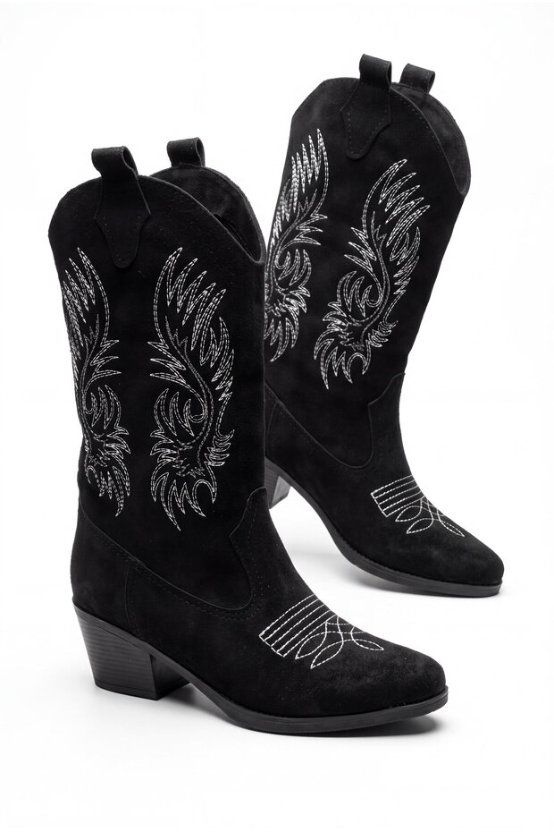 Women's Black Western Printed Thick Heeled Cowboy Boots Sara