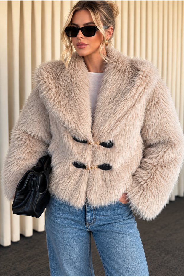 Women's Plush Lined Fur Jacket – Buckle Detailed, Soft Textured Short Beige Coat-9679-Standard Size - Beige