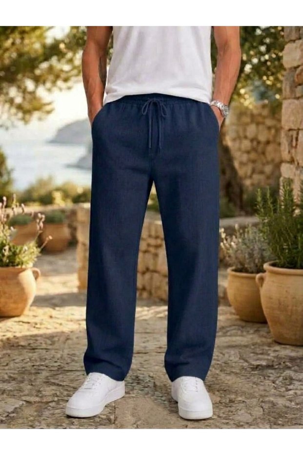 Men's Lightly Textured Linen Blend Pants with Elastic Waist and Pockets, Relaxed Fit