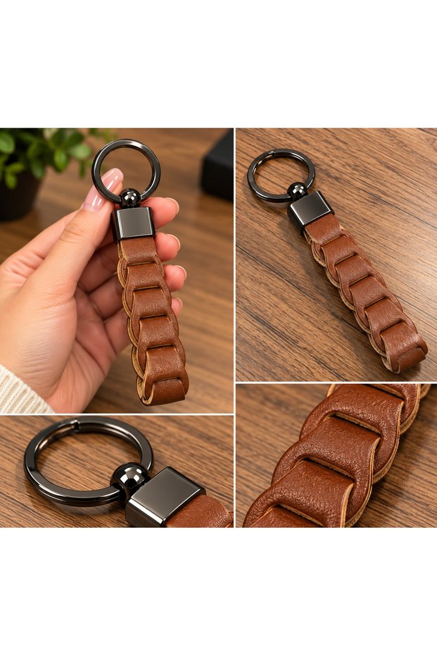 Unisex Genuine Leather Keychain with Stylish Metal Ring
