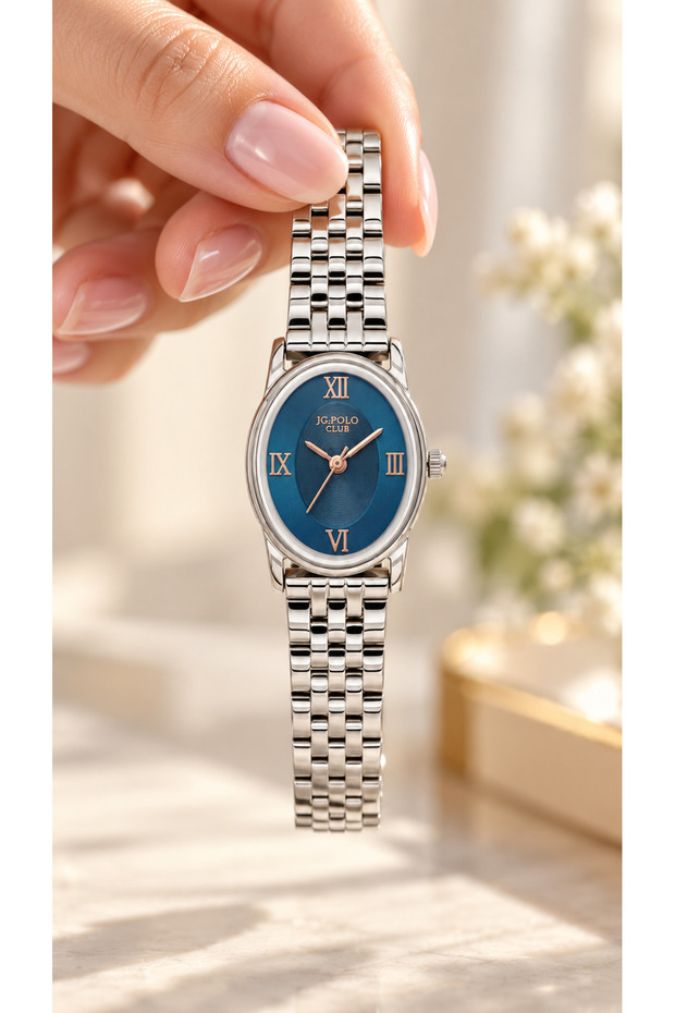 20 mm Mini Oval Case, Full Steel (Case-Strap), Silver-Blue Color Women Wrist Watch+Bracelet