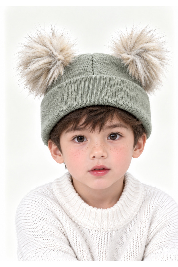 Baby Kids Double Pompom Beanie Unisex Winter Warm Hat 0-4 Years Old