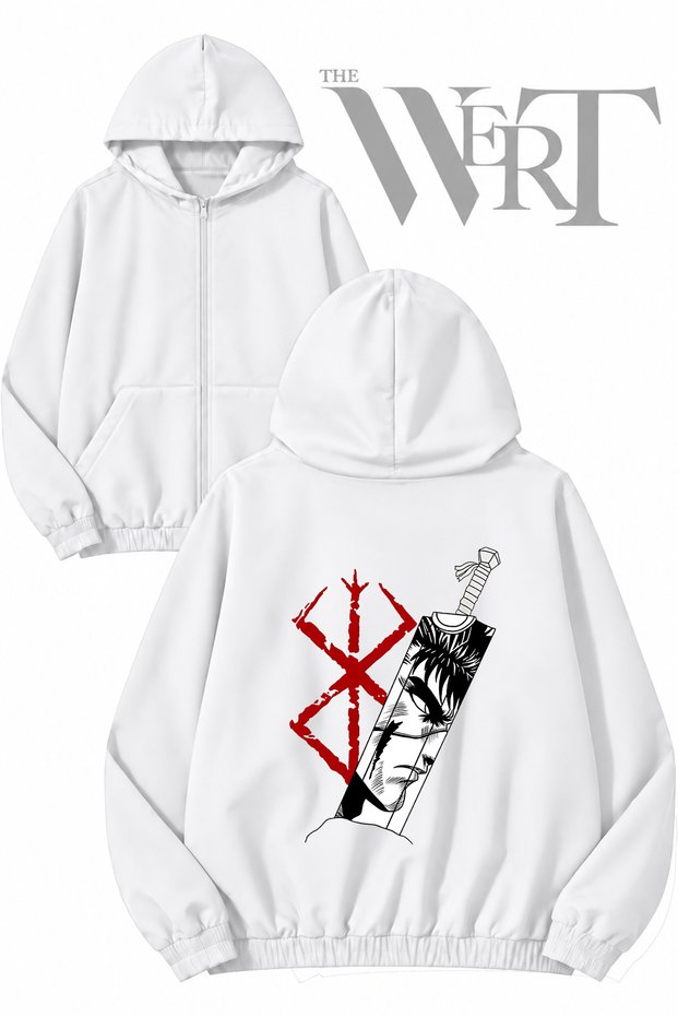 Berserk Guts Back Printed Zippered Hooded White Cardigan (2 Yarns)