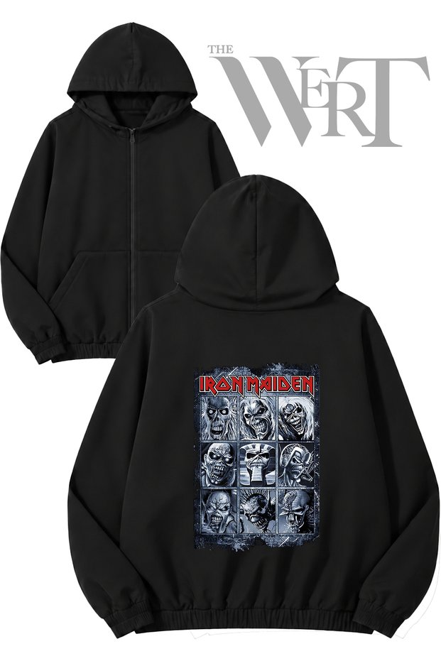 Iron Maiden Fear Dark Back Printed Zippered Hooded Black Cardigan (2 Yarns)