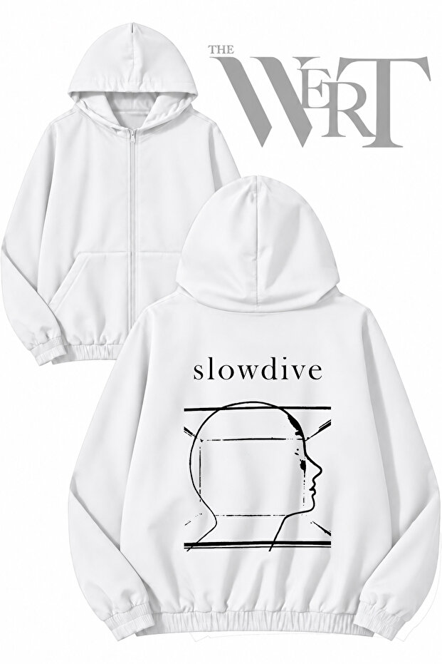Slowdive Classic Back Printed Zippered Hooded White Cardigan (2 Yarns)
