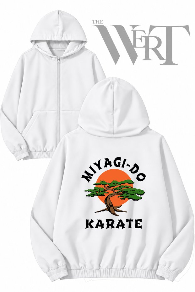 Cobra Kai 3 Back Printed Zippered Hooded White Cardigan (2 Yarns)
