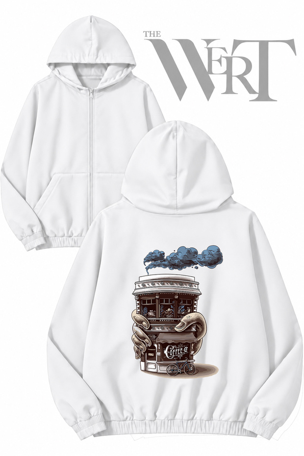 Cup Coffee Shop Back Printed Zippered Hooded White Cardigan (2 Yarns)