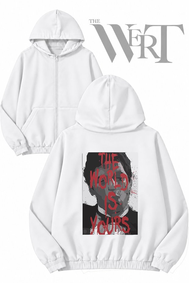 Scarface the World Is Yours Back Printed Zippered Hooded White Cardigan (2 Yarns)